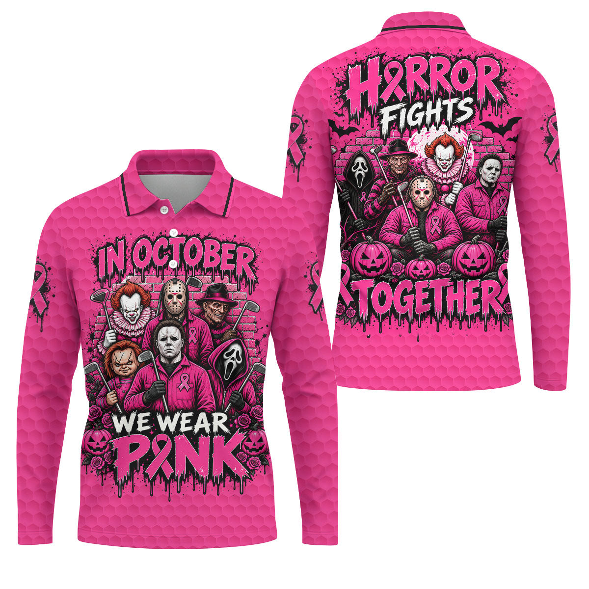 Horror Fights Together Pink Ribbon Polo Shirt, Golf Shirts For Men, Polo Shirts For Men