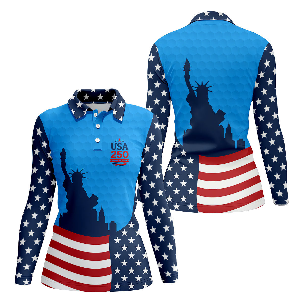 USA 250 Anniversary Statue Of Liberty Blue Golf Shirt, Patriotic Golf Shirt, 4th Of July Women's Golf Tops