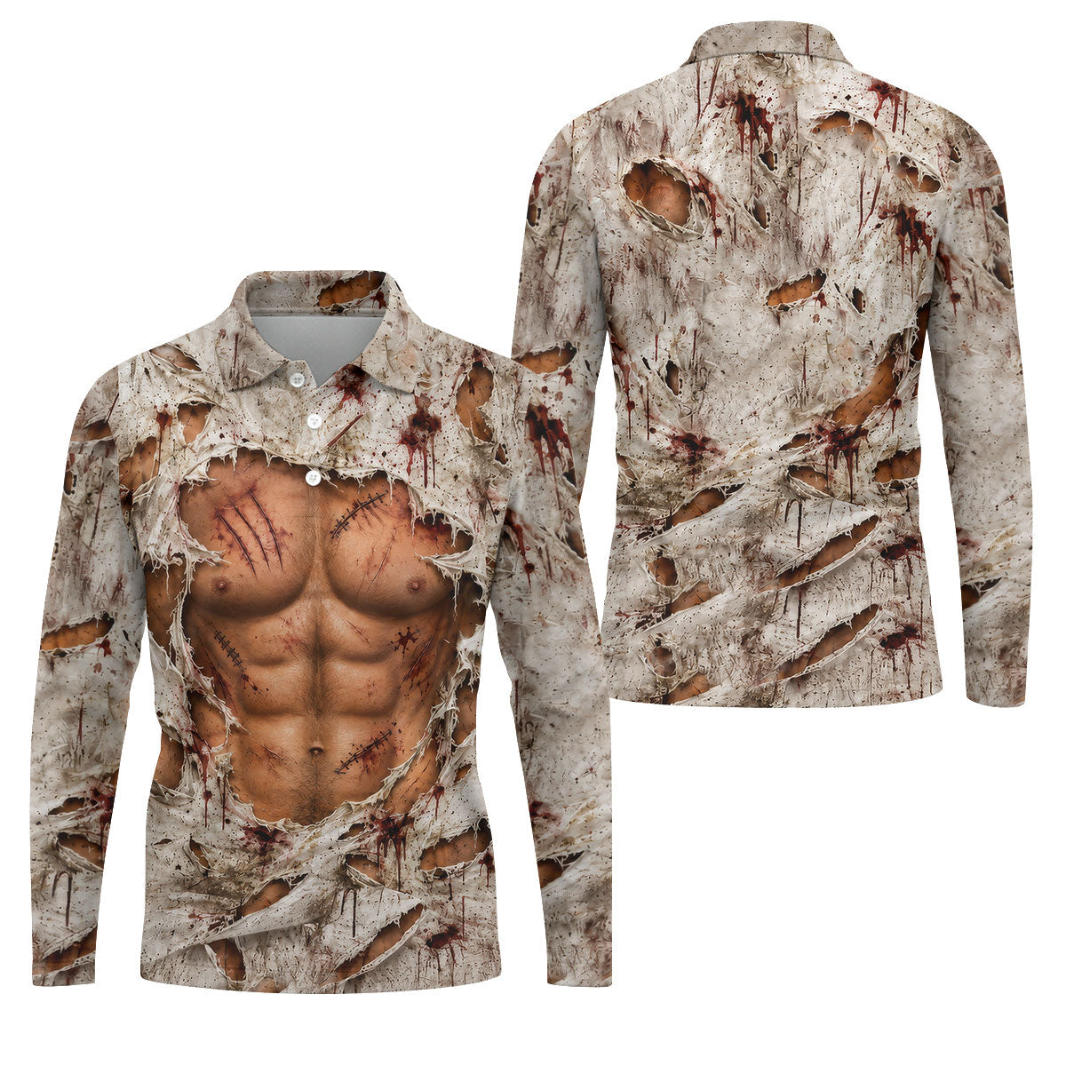 Torn Shirt Muscle Chest Illusion Halloween Polo Shirt, Mens Golf Polo, Printed Golf Shirts