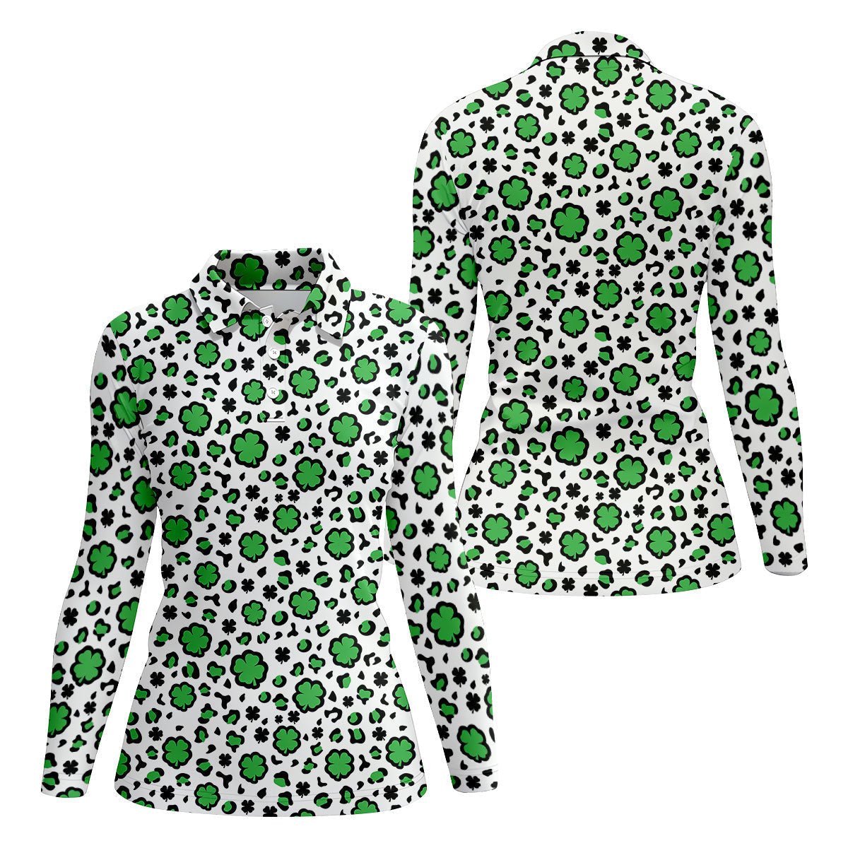 Lucky Four Leaf Clover Leopard Pattern St Patrick's Day Golf Shirt, Women's Golf Tops, Ladies Golf Shirts