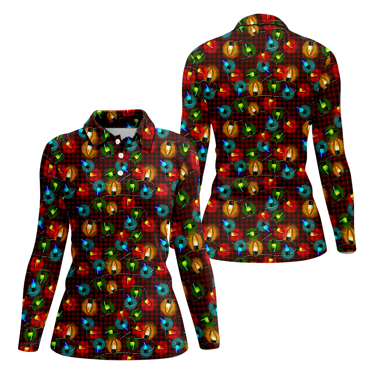 Colorful Christmas Light Plaid Women's Golf Tops, Christmas Golf Shirt, Golf Gift For Ladies