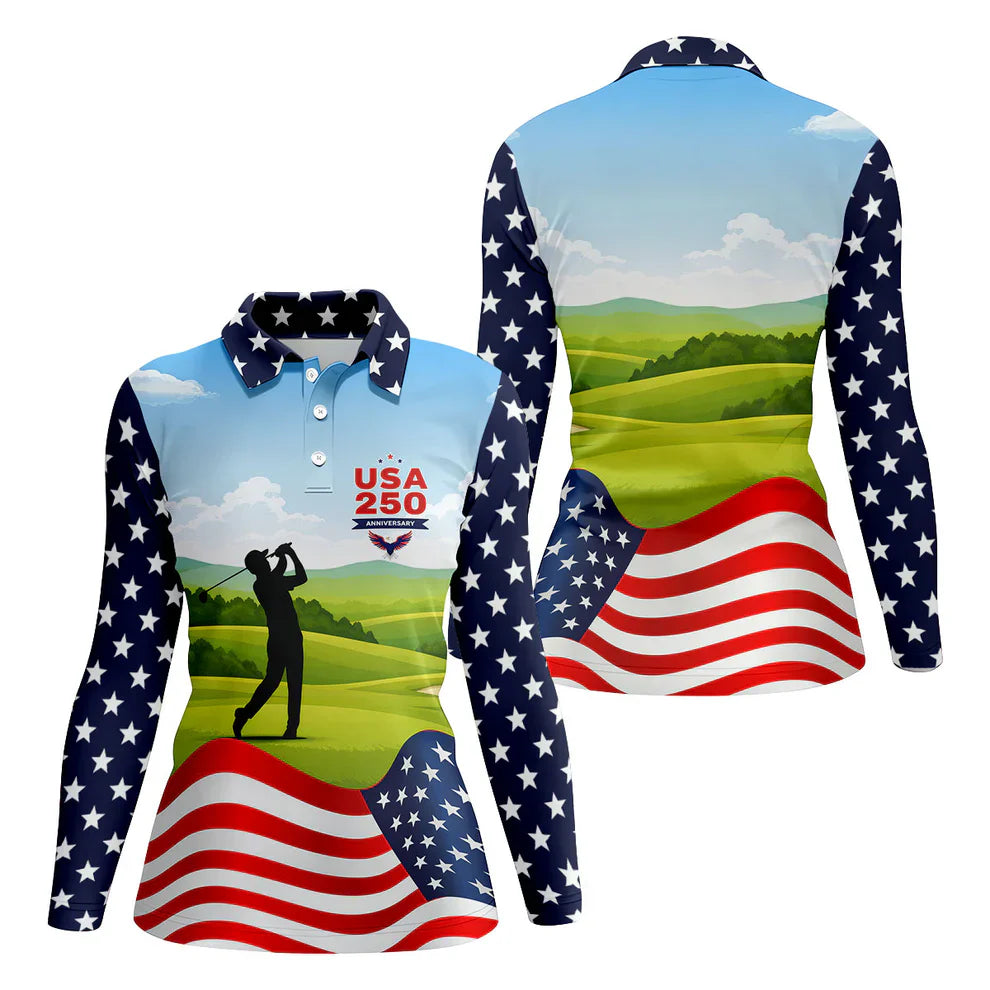 USA 250th Anniversary American Flag Golf Shirt, Patriotic 4th Of July Golf Shirt For Women