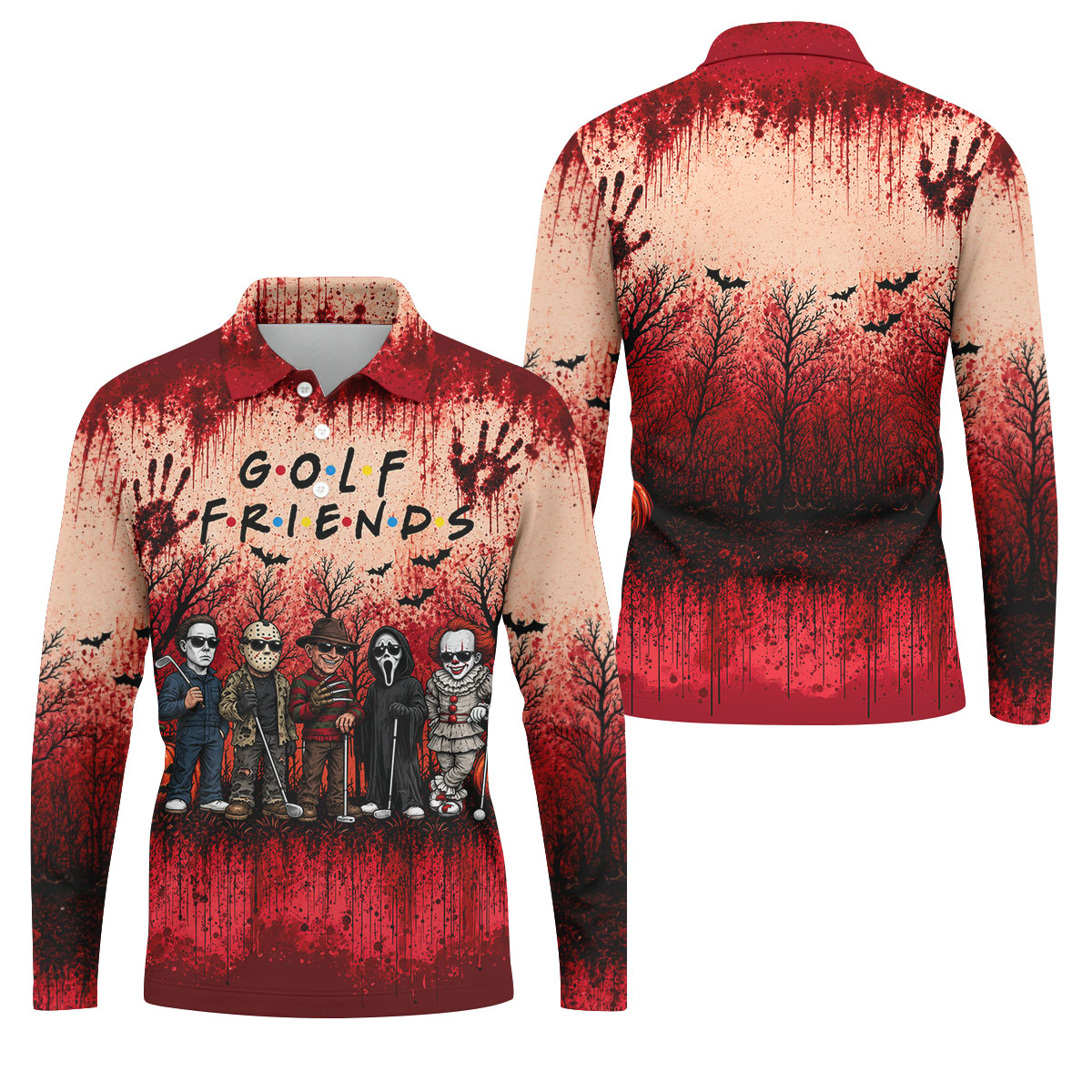 Golf Friends Halloween Horror Character Group Polo Shirt, Mens Golf Polo, Golf Apparel