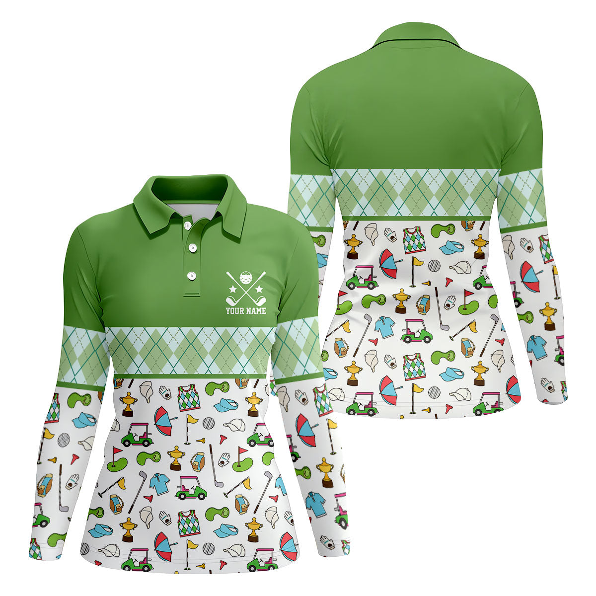 Custom Name Green Argyle Golf Icons Pattern Golf Shirt, Women’s Golf Polo, Golf Tops For Women, Printed Golf Shirt
