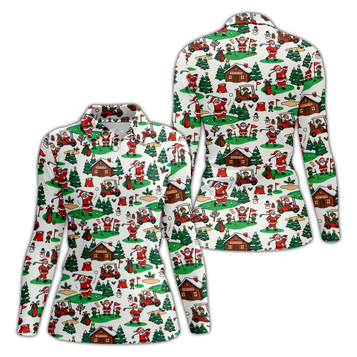 Santa Golf Cart And Elves Christmas Golf Shirt, Womens Golf Tops, Ladies Golf Shirts