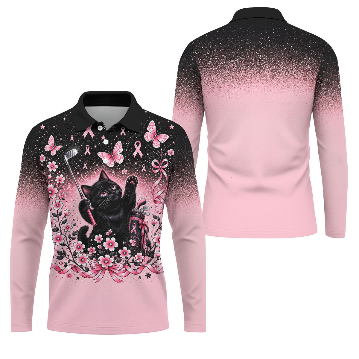 Black Cat Breast Cancer Ribbons Polo Shirt, Mens Golf Polo, Golf Apparel For Men