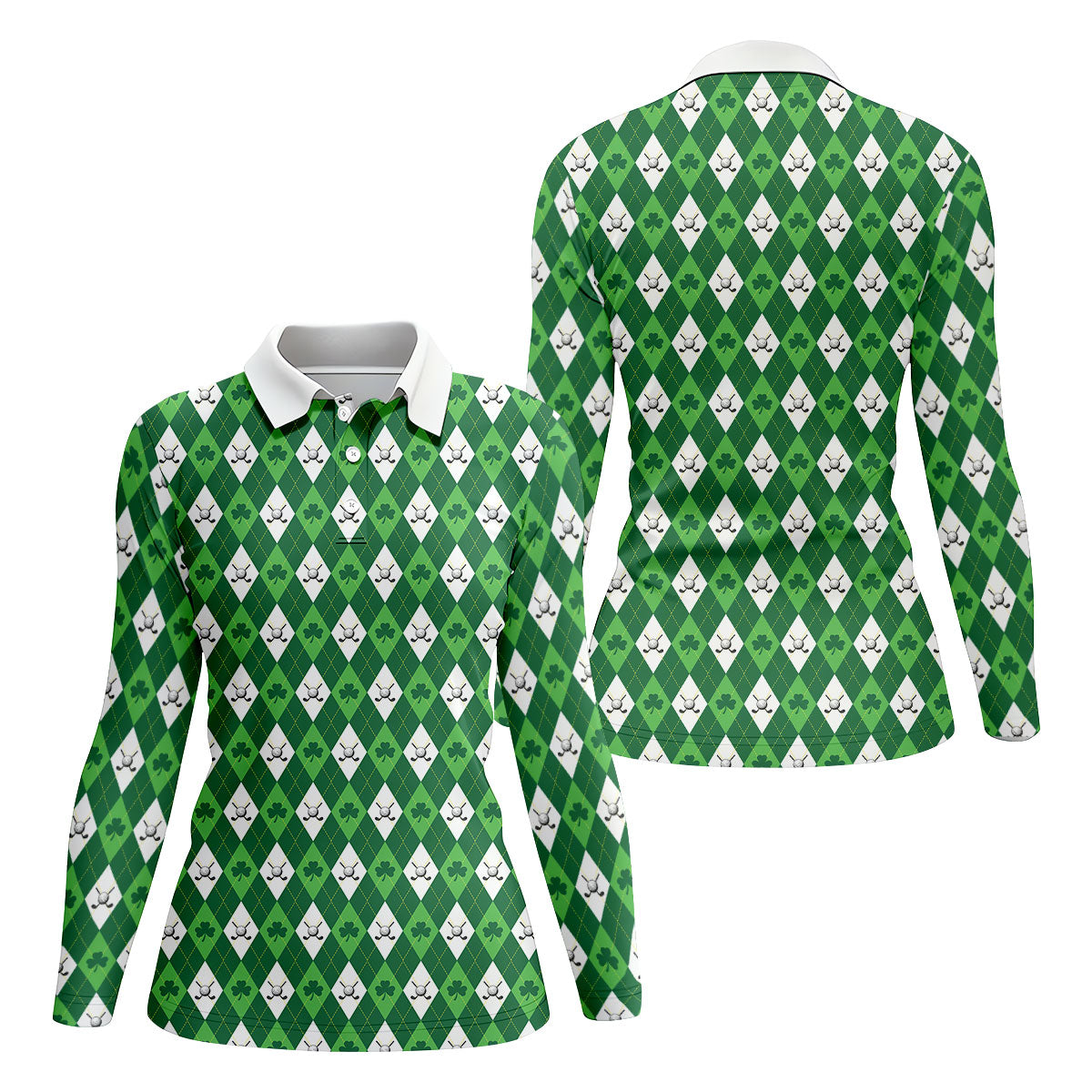 St Patrick's Day Shamrock Argyle Pattern Green And White Argyle Golf Shirt, Women's Golf Tops, Ladies Golf Polos