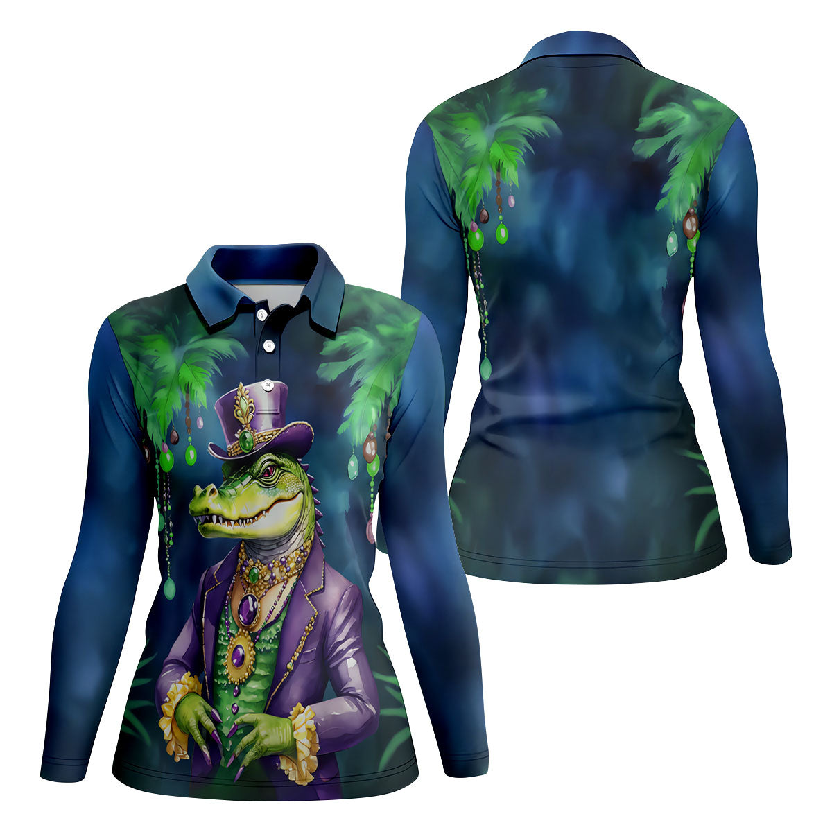 Mardi Gras Alligator Navy Golf Shirt, Fun Women's Golf Shirts, Women's Golf Tops, Ladies Golf Polos