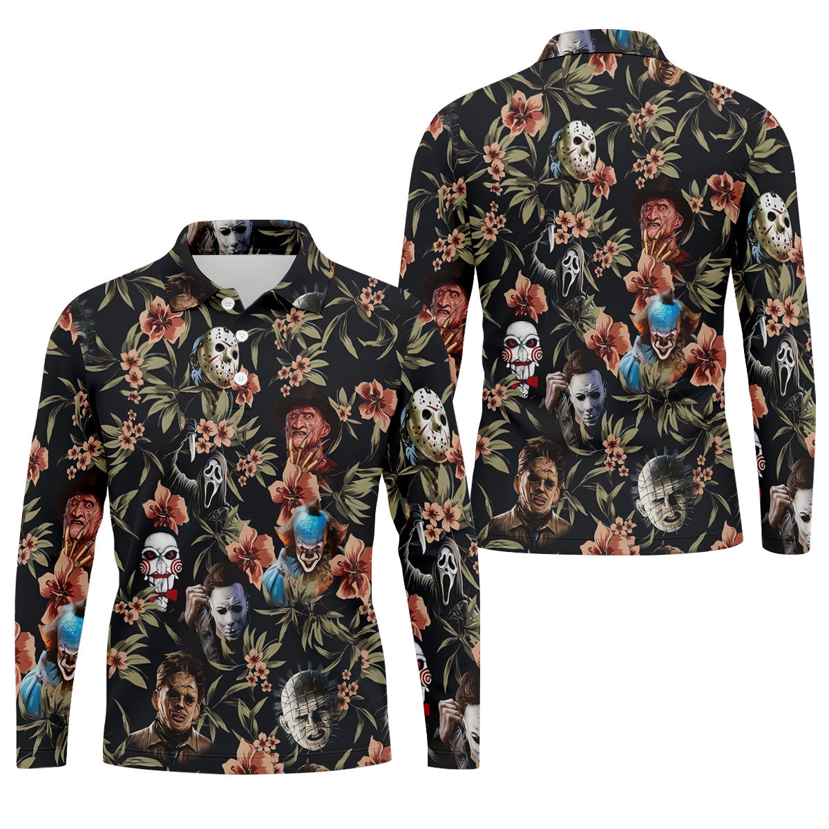Dark Floral Horror Character Halloween Golf Shirt, Mens Golf Polo, Hawaiian Golf Shirt
