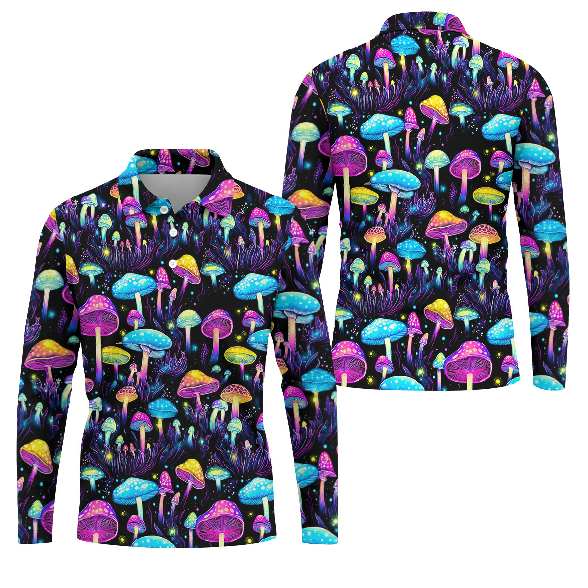 Colorful Neon Mushroom Fantasy Forest Golf Shirt, Mens Golf Polo, Golf Apparel For Men, Printed Golf Shirts
