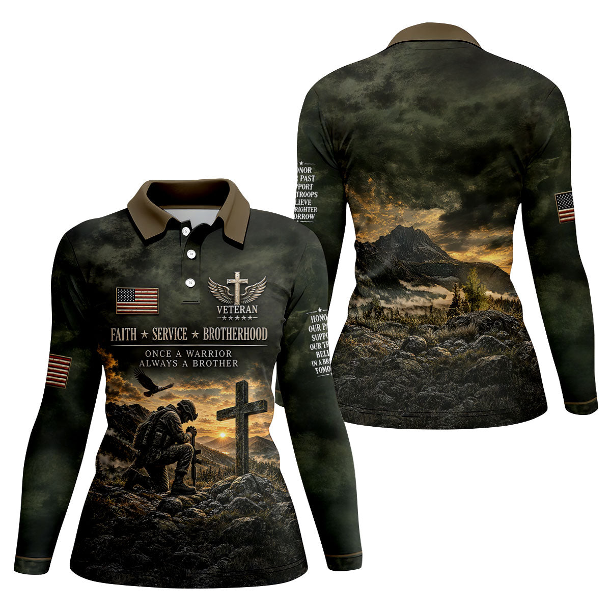Veterans Day Praying Soldier Cross Polo Shirt, Golf Tops For Women, Ladies Golf Tops