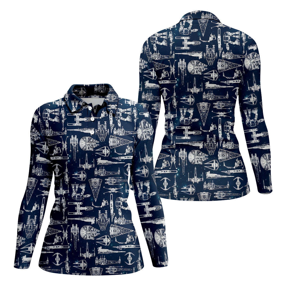 Line-art Sketches Sci-Fi Spacecraft Dark Navy Women's Golf Tops, Ladies Golf Shirts, Ladies Golf Polos