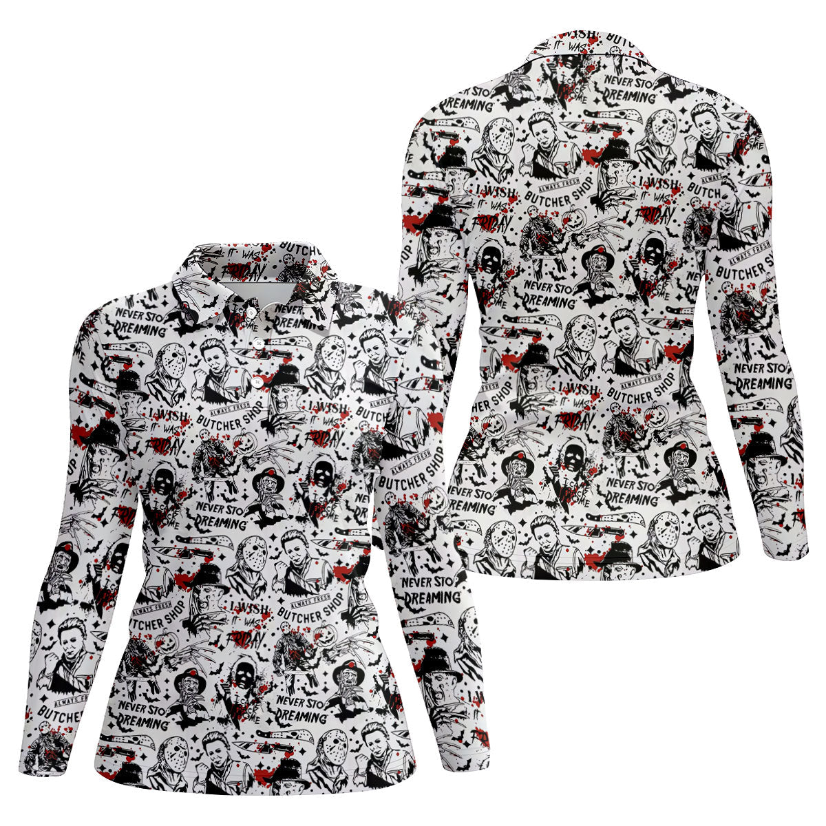 Classic Horror Character Collage Halloween Polo Shirt, Ladies Golf Shirt, Womens Golf Tops