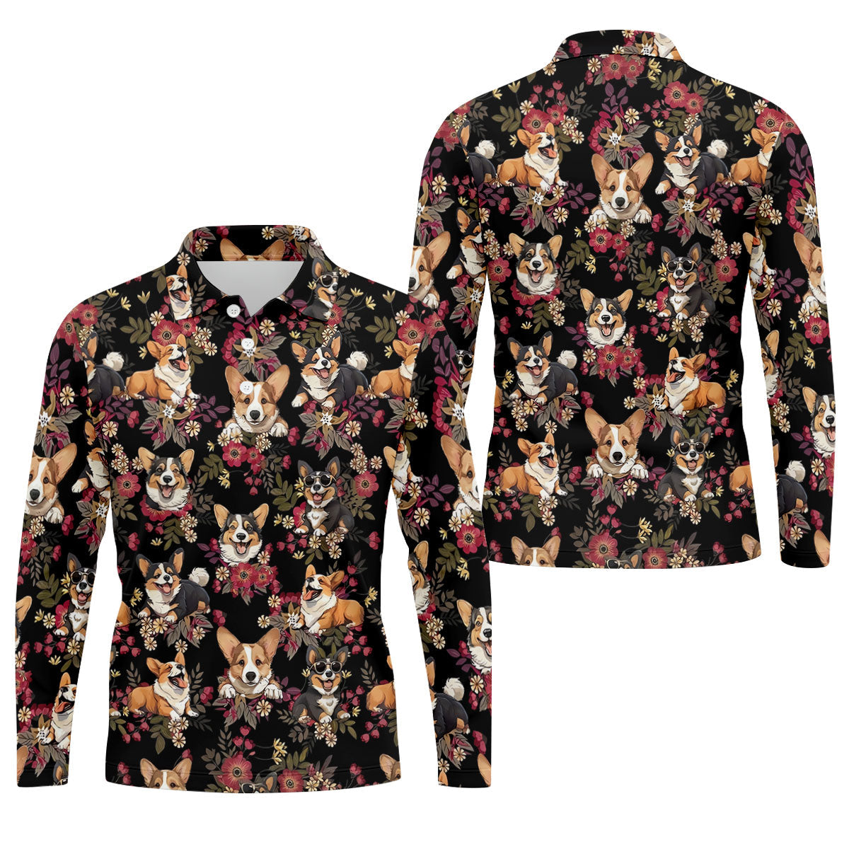 Cute Corgi Floral Hawaiian Pattern Polo Shirt, Mens Golf Polo, Funny Golf Shirt
