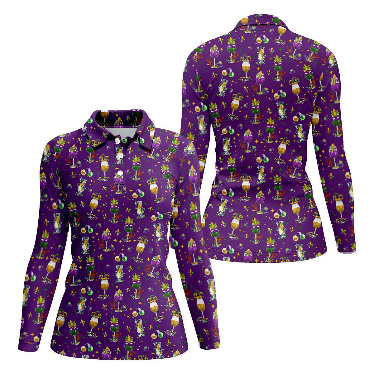 Mardi Gras Wine Glass Beaded Garland Fleur De Lis Purple Golf Shirt, Women's Golf Tops, Ladies Golf Polos