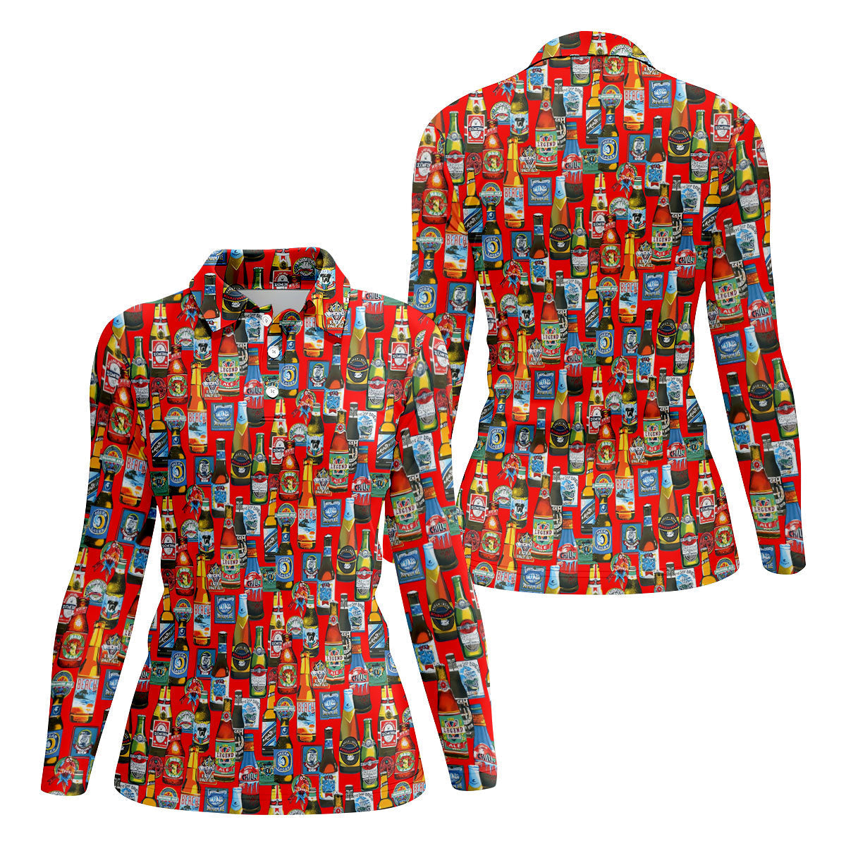 Beer Bottle Labels Red Golf Shirt, Fun Women's Golf Shirts, Women's Golf Tops, Ladies Golf Shirt