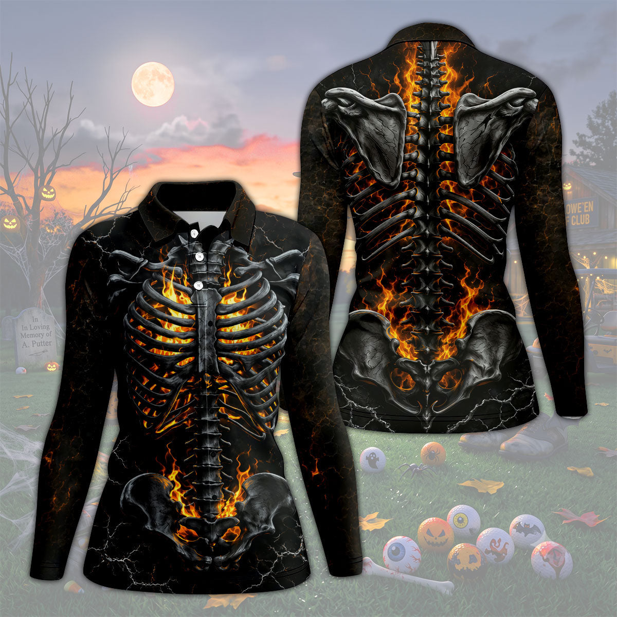 Burning Skeleton Rib Cage Halloween Polo Shirt, Womens Golf Tops, Ladies Golf Shirts