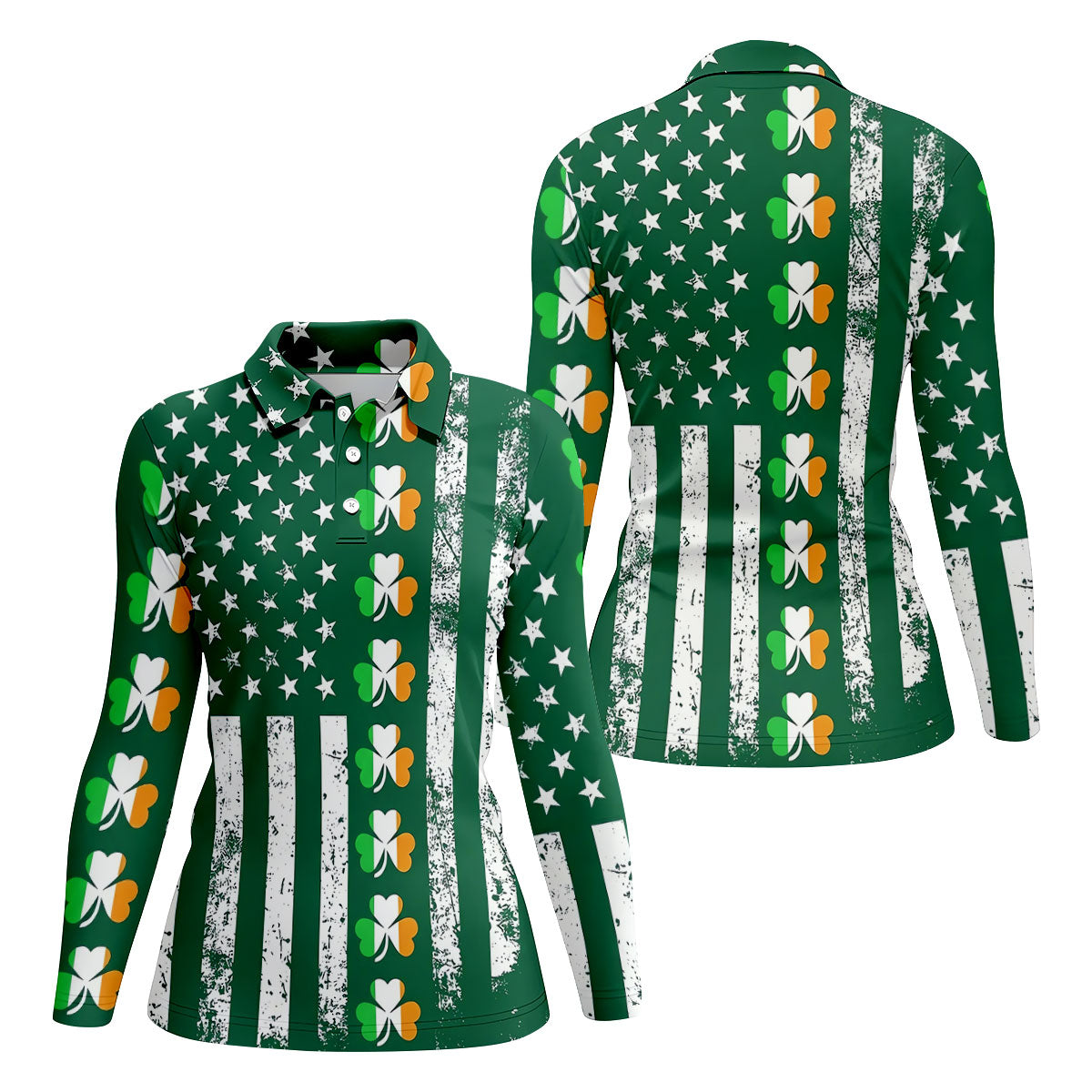 Irish Shamrock Vertical Stripes St Patrick's Day Golf Shirt, Women's Golf Shirts, Ladies Golf Polos