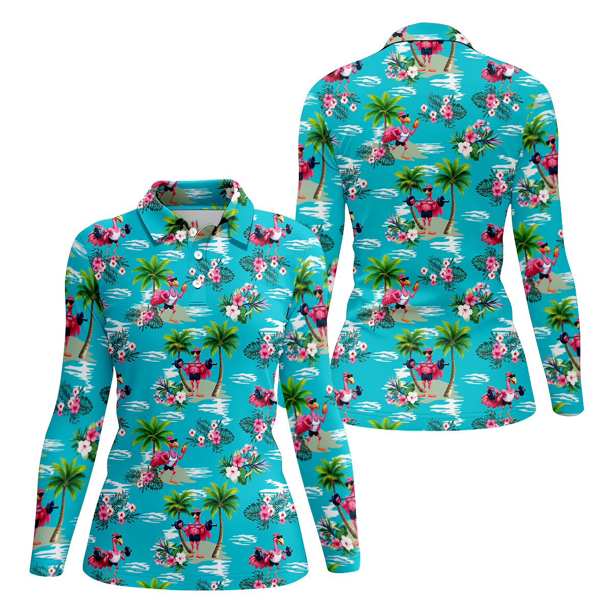Funny Weightlifting Flamingo Tropical Hawaiian Golf Shirt, Golf Polo For Women, Printed Golf Shirt