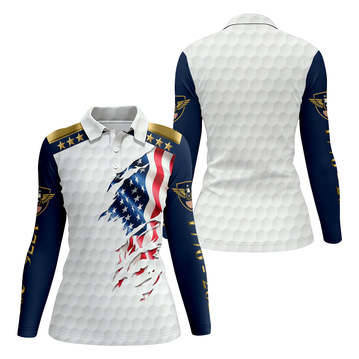 Rugged American Flag With Golf Ball Pattern 4th Of July Women Golf Top, 250th Anniversary Patriotic Golf Shirt