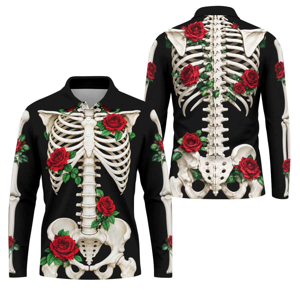 Skeleton Rib Cage And Red Roses Halloween Polo Shirt, Polo Shirts For Men, Mens Golf Shirts