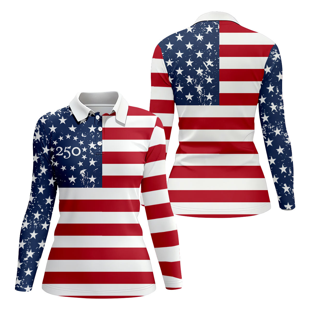 USA Flag Pattern Vintage Golf Shirt, 250th Anniversary Patriotic Golf Shirt, 4th Of July Women's Golf Tops
