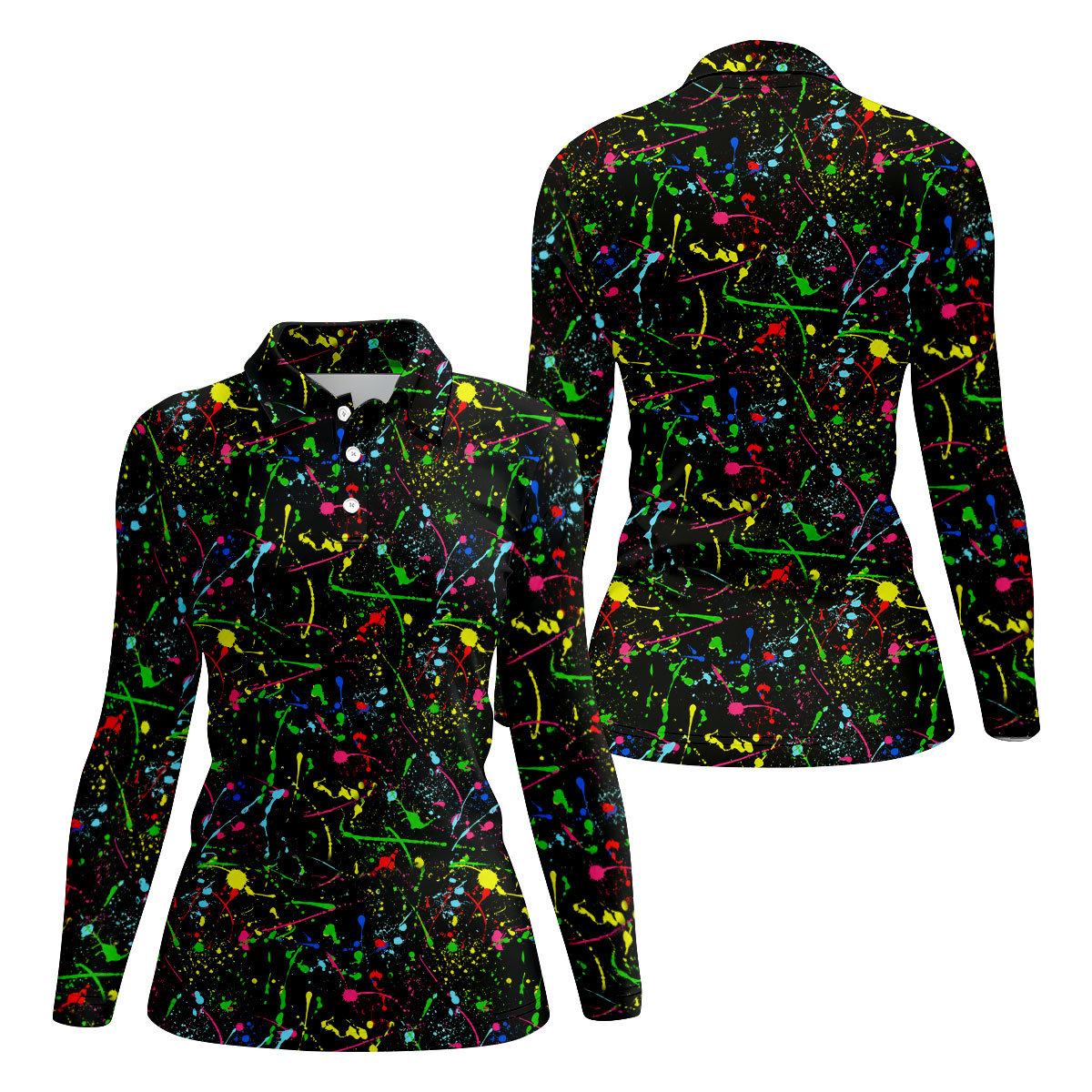 Black Neon Paint Splatter Golf Shirt, Women's Golf Tops, Performance Golf Shirt