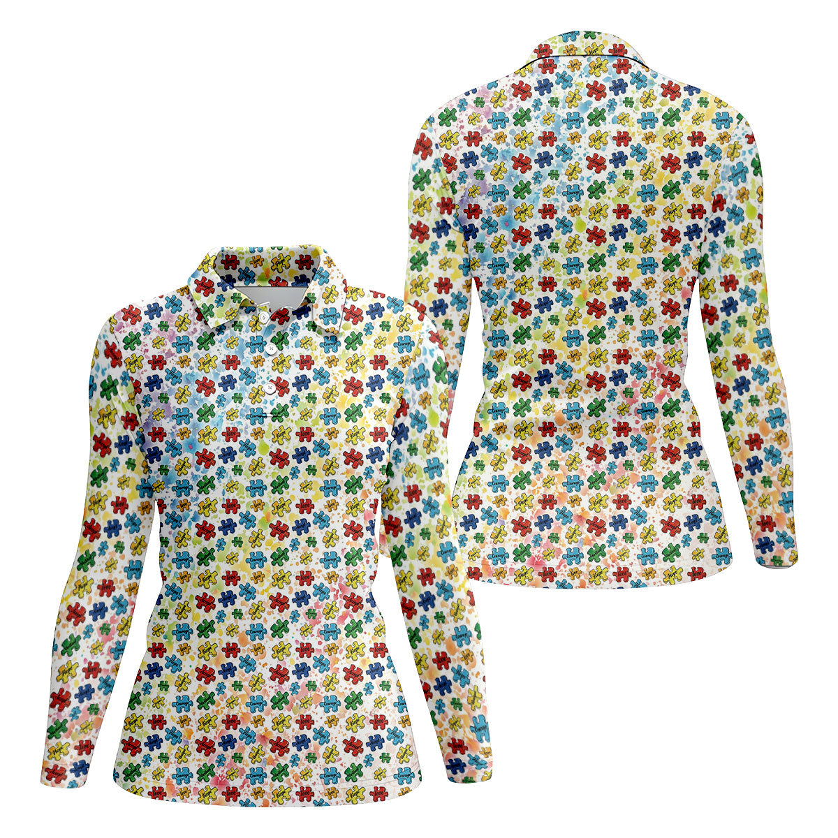 Autism Awareness Jigsaw Puzzle Pieces Rainbow Paint Splatter Golf Shirt For Women, Ladies Golf Polos