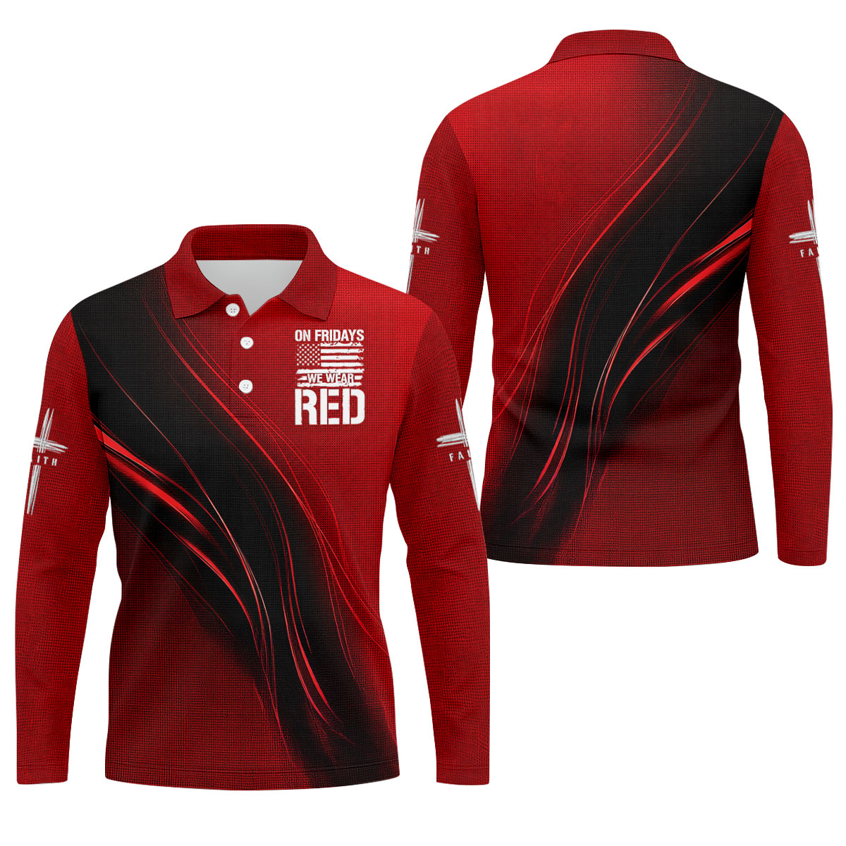 On Friday We Wear Red Faith Cross Red Black Gradient Patriotic Golf Shirt, 250 Years Polo Shirts For Men