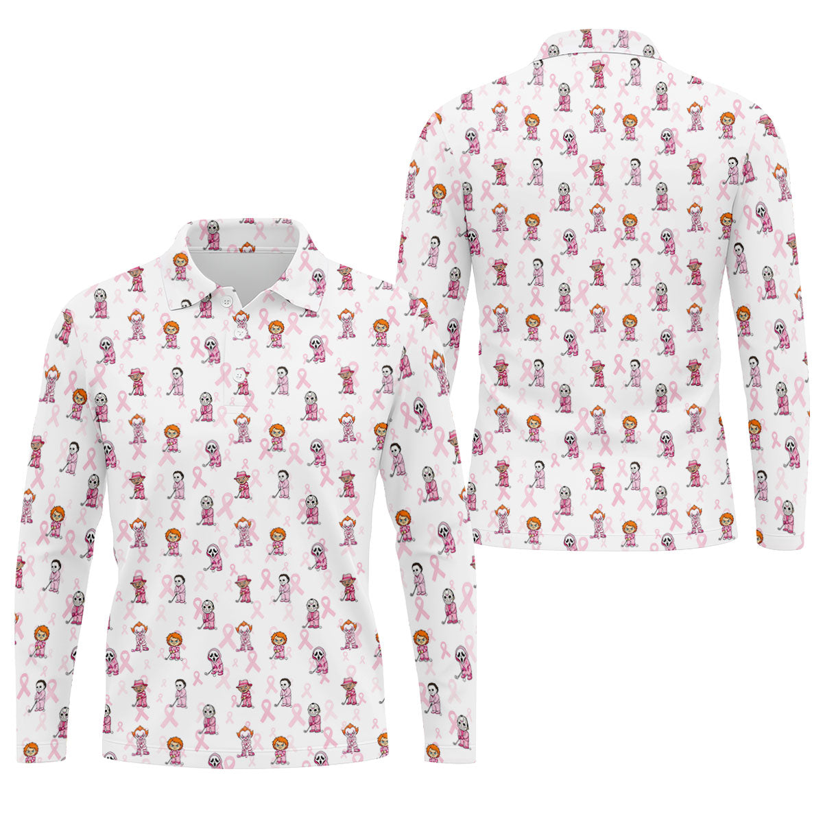 Breast Cancer Chibi Horror Character Polo Shirt, Mens Golf Shirts, Golf Apparel For Men