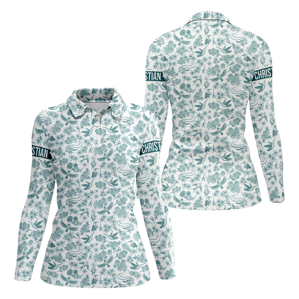 Custom Name Toile de Jouy Birds And Flowers Teal And White Women Golf Top, Ladies Golf Polos