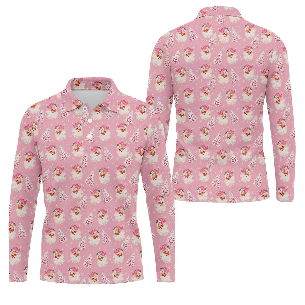 Pink Xmas Tree Santa Claus Pattern Christmas Golf Shirt, Polo Shirts For Men, Golf Gift For Men