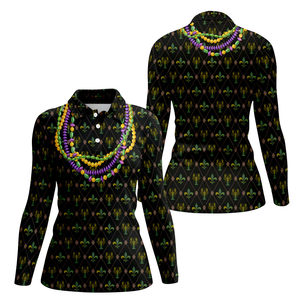 Mardi Gras Purple Green Gold Beads Chain Fleur De Lis Argyle Pattern Black Golf Shirt, Women's Golf Tops