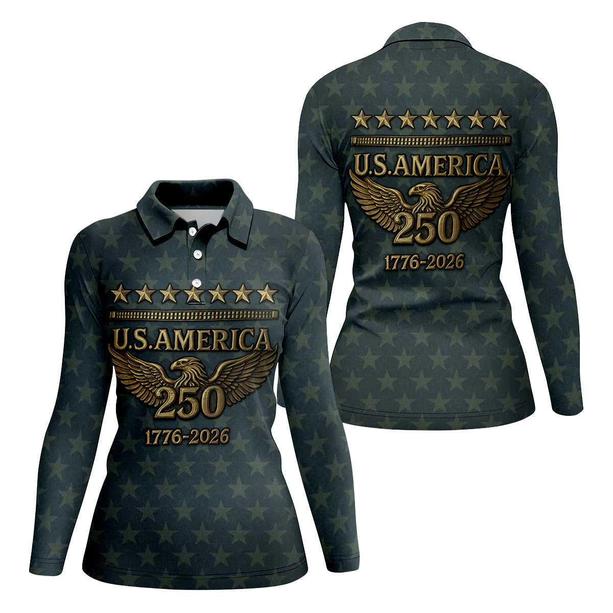 US America 250th Anniversary Denim Color Star Pattern Women's Golf Tops, Patriotic Golf Shirt, Ladies Golf Shirts