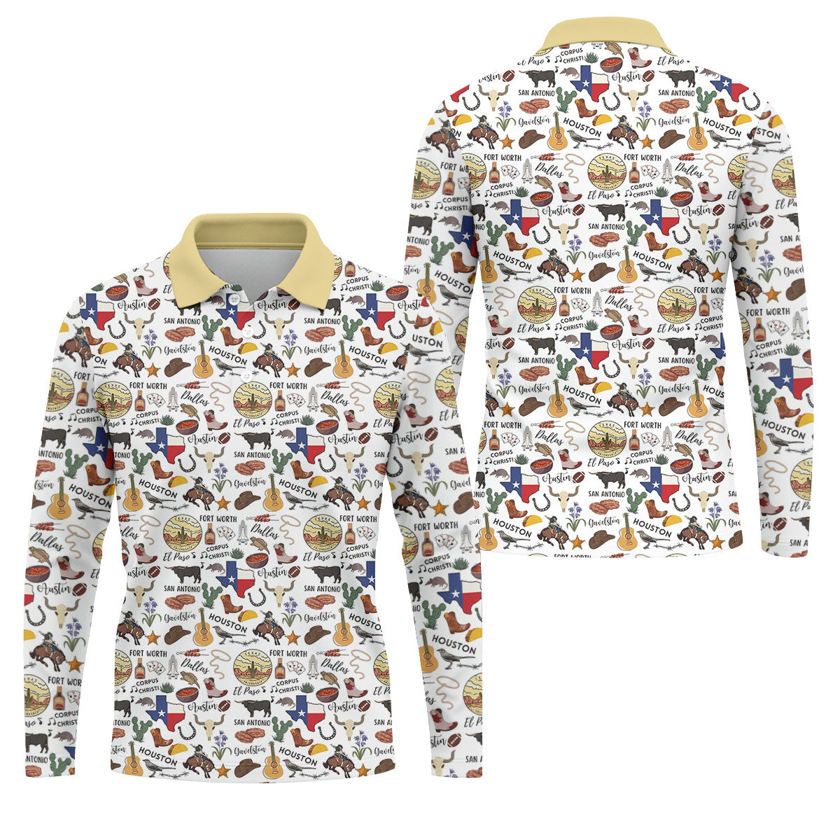 Texas Symbols Western Theme Doodle Style Golf Tops For Men, Polo ShirtFor Men, Golf Shirts For Men
