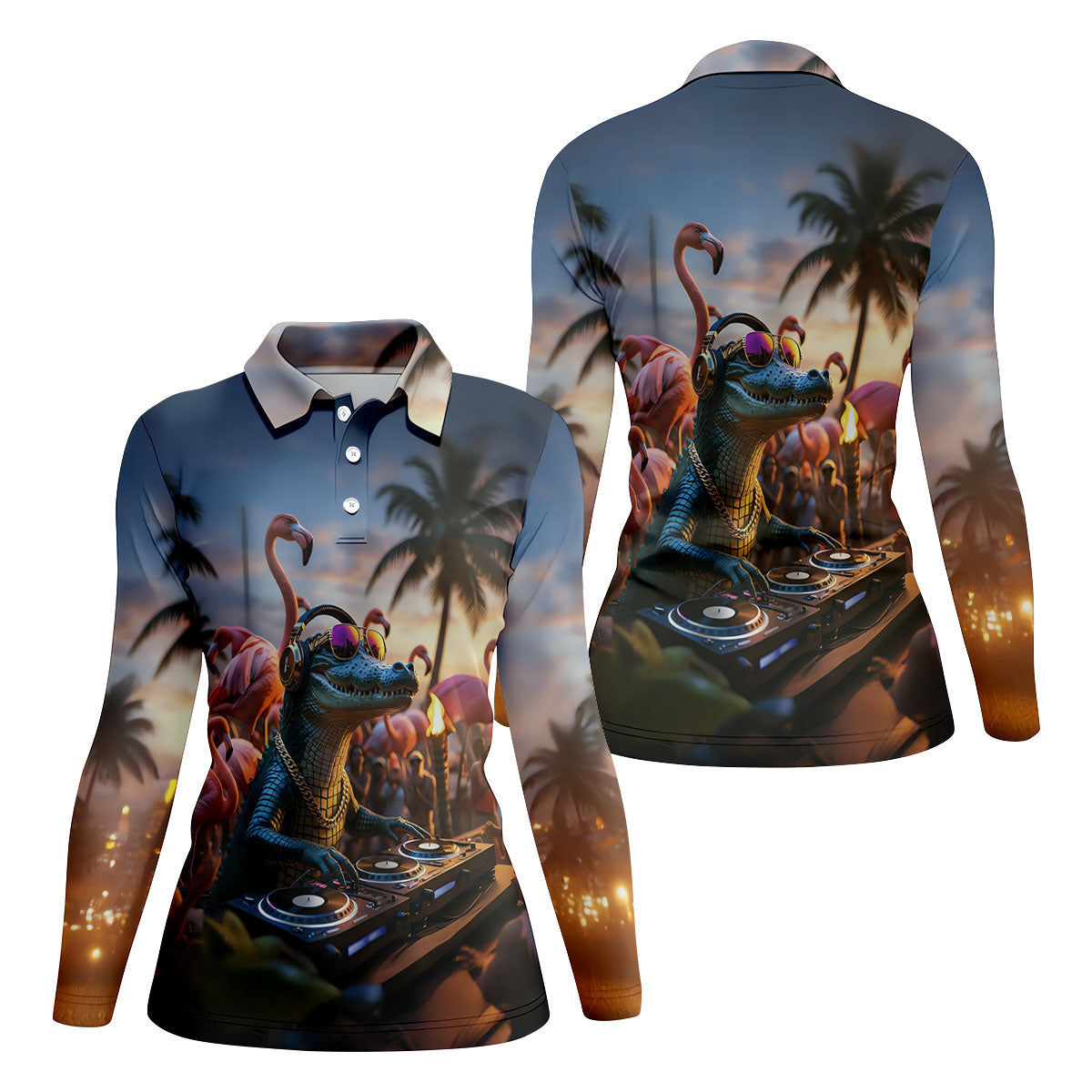 Funny Crocodile DJ Mardi Gras Festival Flamingo Golf Shirt, Women's Golf Tops, Ladies Golf Polos