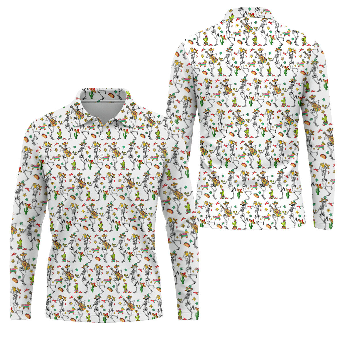 Dia De Muertos Skeletons Cinco De Mayo Celebration Fiesta Themed White Golf Shirts For Men