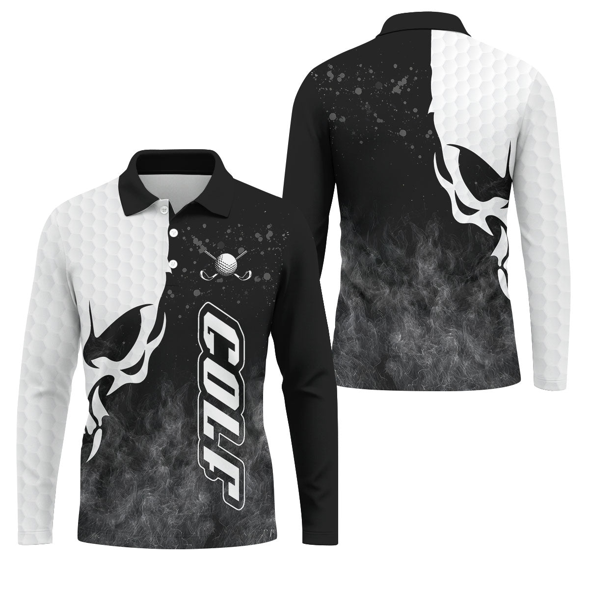 Monochrome Skull Golf Ball Graphic Golf Shirt, Mens Golf Polo, Printed Golf Shirts