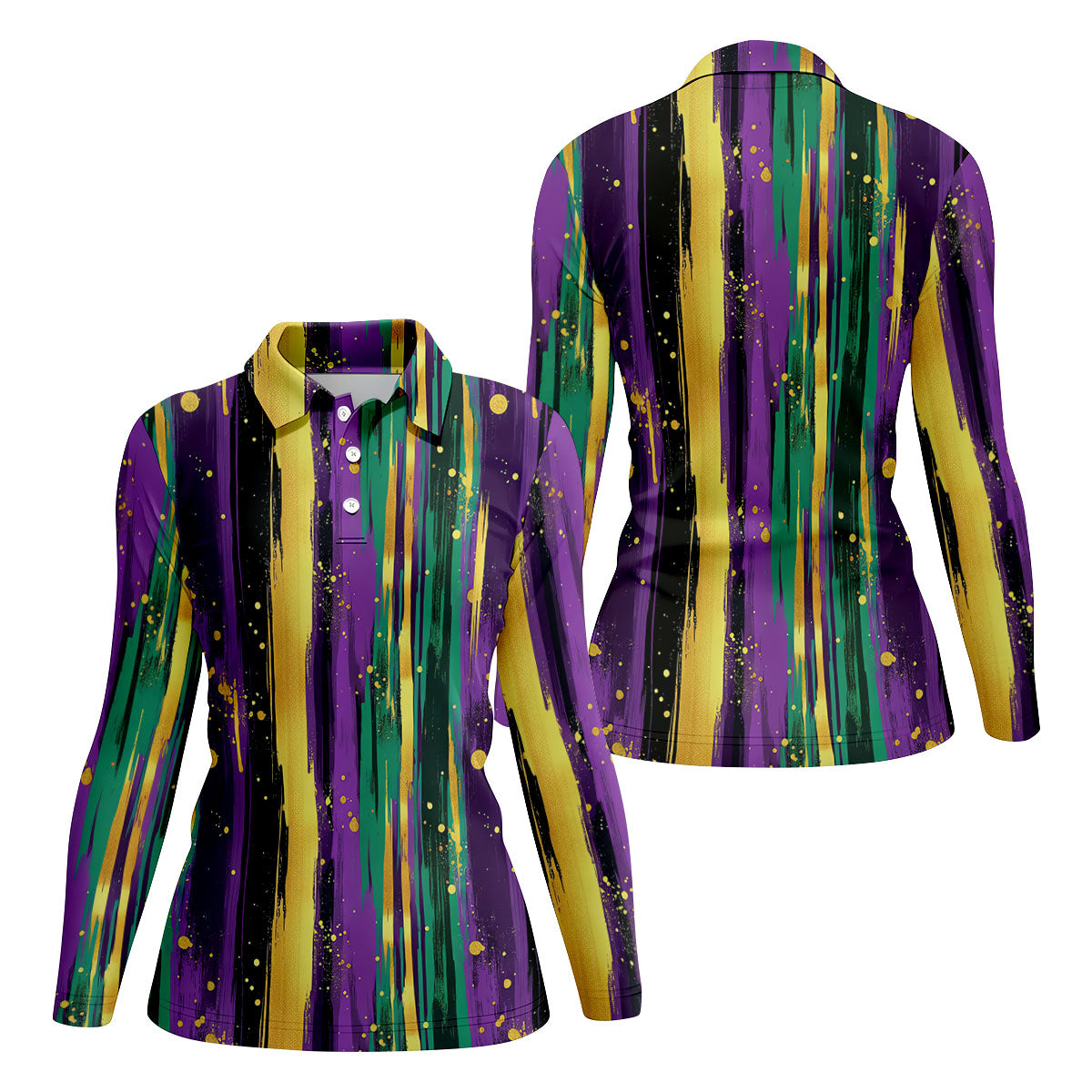 Green Purple Gold Splatter Effect Mardi Gras Golf Shirt, Women's Golf Tops, Ladies Golf Polos