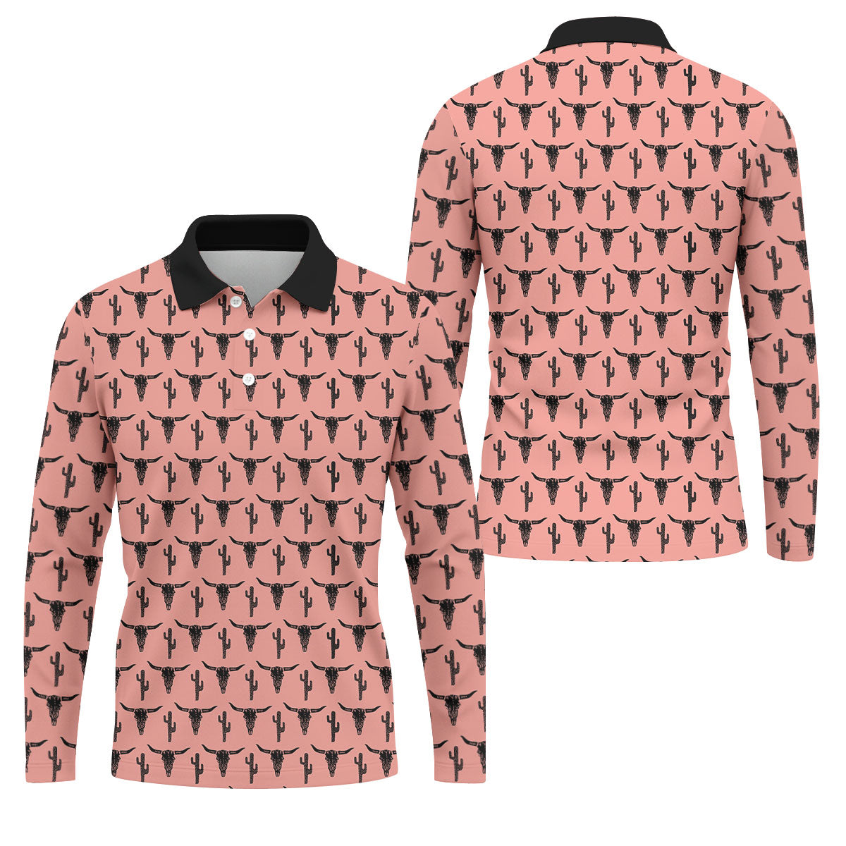 Longhorn Cow Skull Western Theme Peach Pink Golf Tops For Men, Polo ShirtFor Men, Golf Shirts For Men