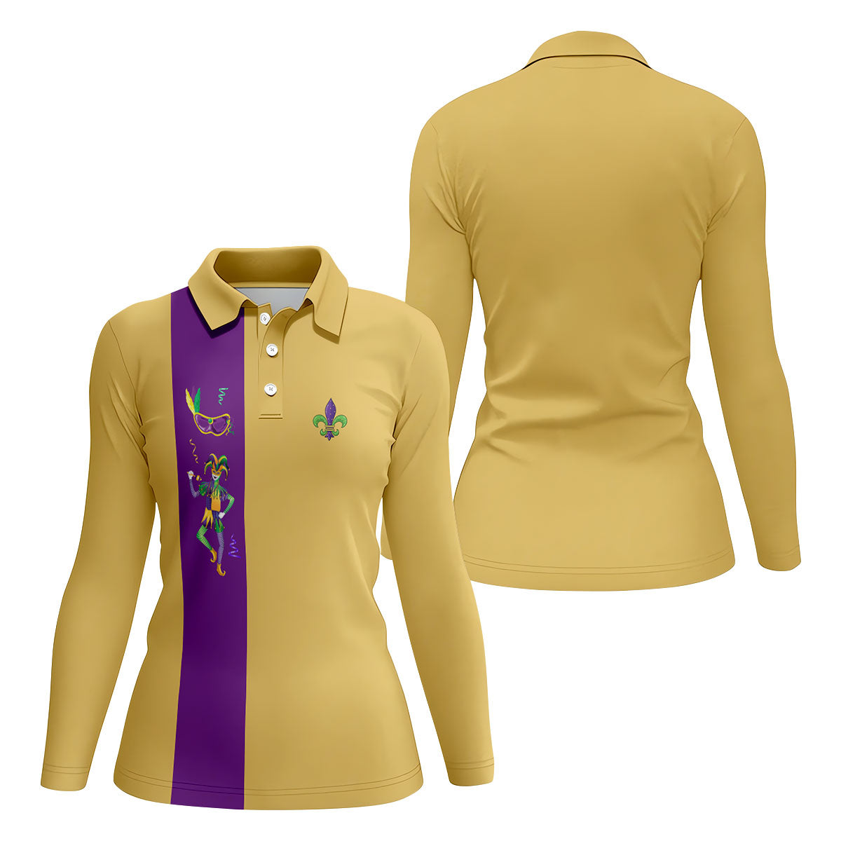 Mardi Gras Festival Jester Figure Fleur De Lis Symbol Yellow Golf Shirt, Women's Golf Tops, Ladies Golf Polos