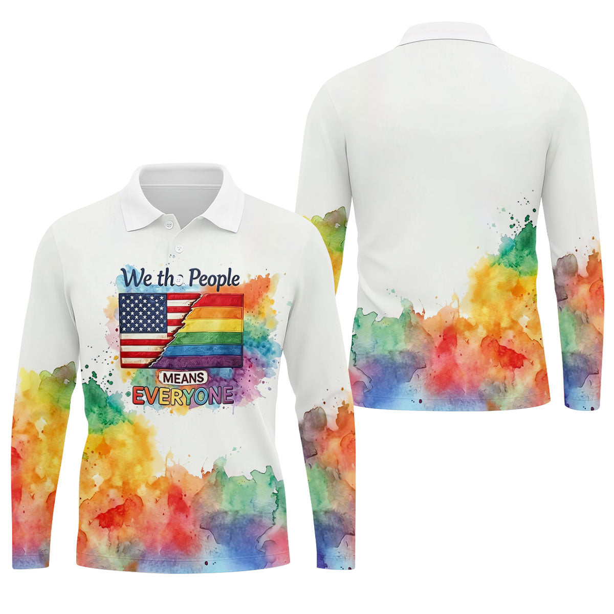 We The People Means Everyone Water Color Print Golf Shirt, LGBTQ Month Polo Shirts For Men