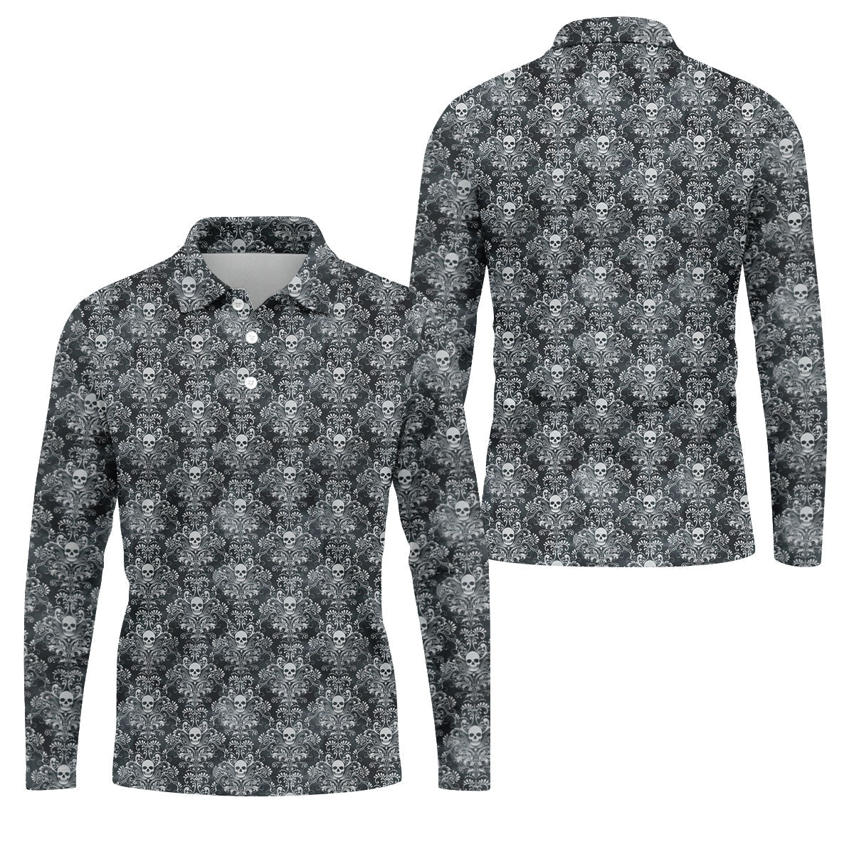 Skull Damask Charcoal Grey Gothic Floral Golf Tops For Men, Polo ShirtFor Men, Golf Shirts For Men