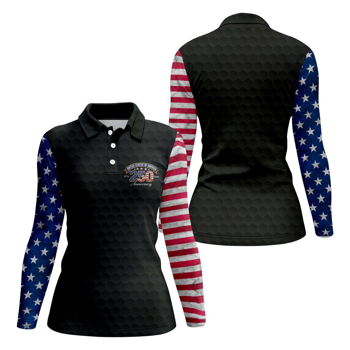 250th Anniversary Golf Ball Pattern Black Golf Shirt, Patriotic 4th Of July Golf Shirt, Golf Shirt For Women