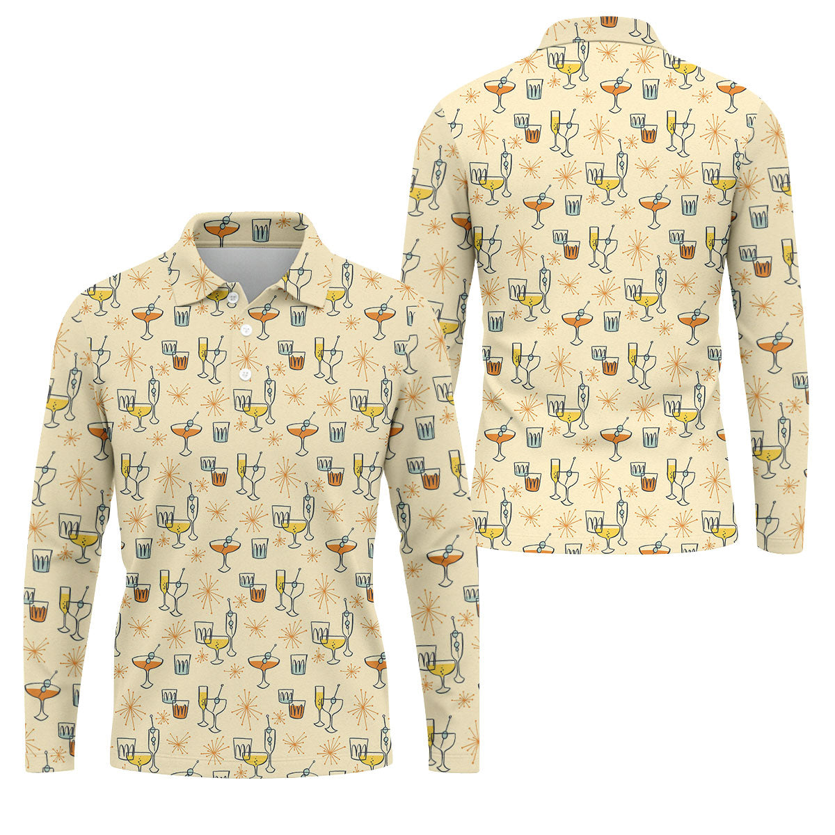 Retro Cocktail Drinks Pattern Golf Polo Shirt, Golf Polo Shirts For Men, Mens Golf Apparel