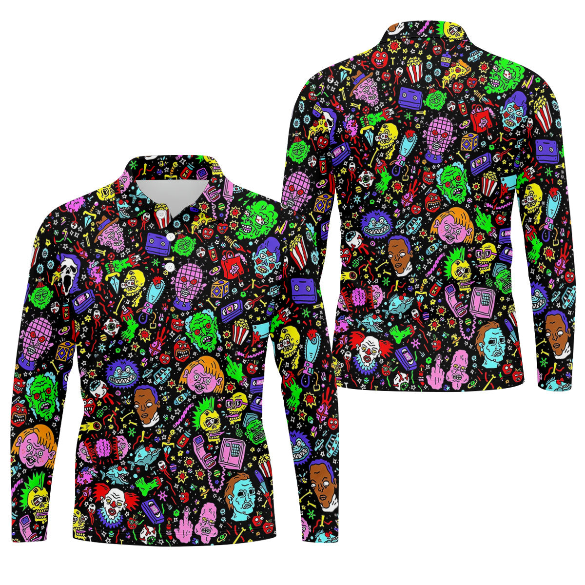 Halloween Horror Character Doodle Hawaiian Golf Shirt, Men's Golf Shirt, Printed Golf Polo Shirt