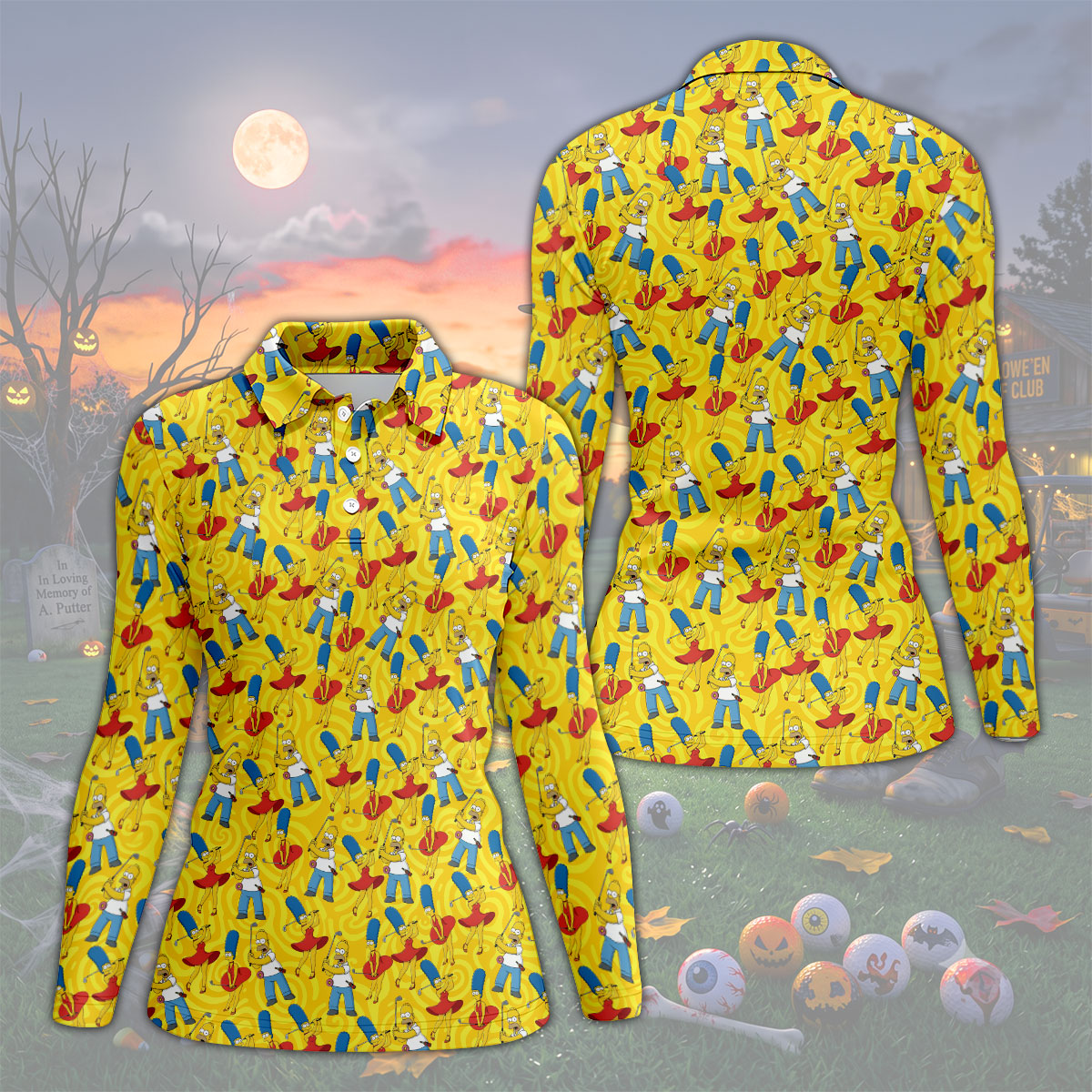 Funny Cartoon Couple Golf Pattern Polo Shirt, Golf Shirts For Women, Women’s Golf Polo
