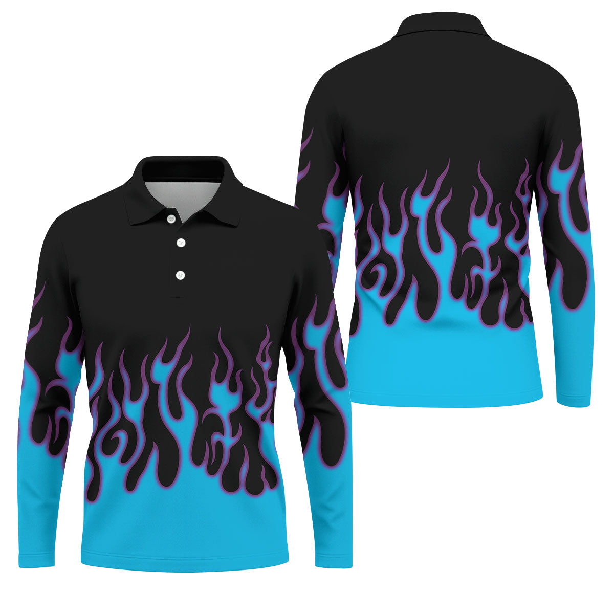 Black Cyan Purple Flame Sleeve Golf Shirt, Golf Shirts For Men, Mens Golf Apparel