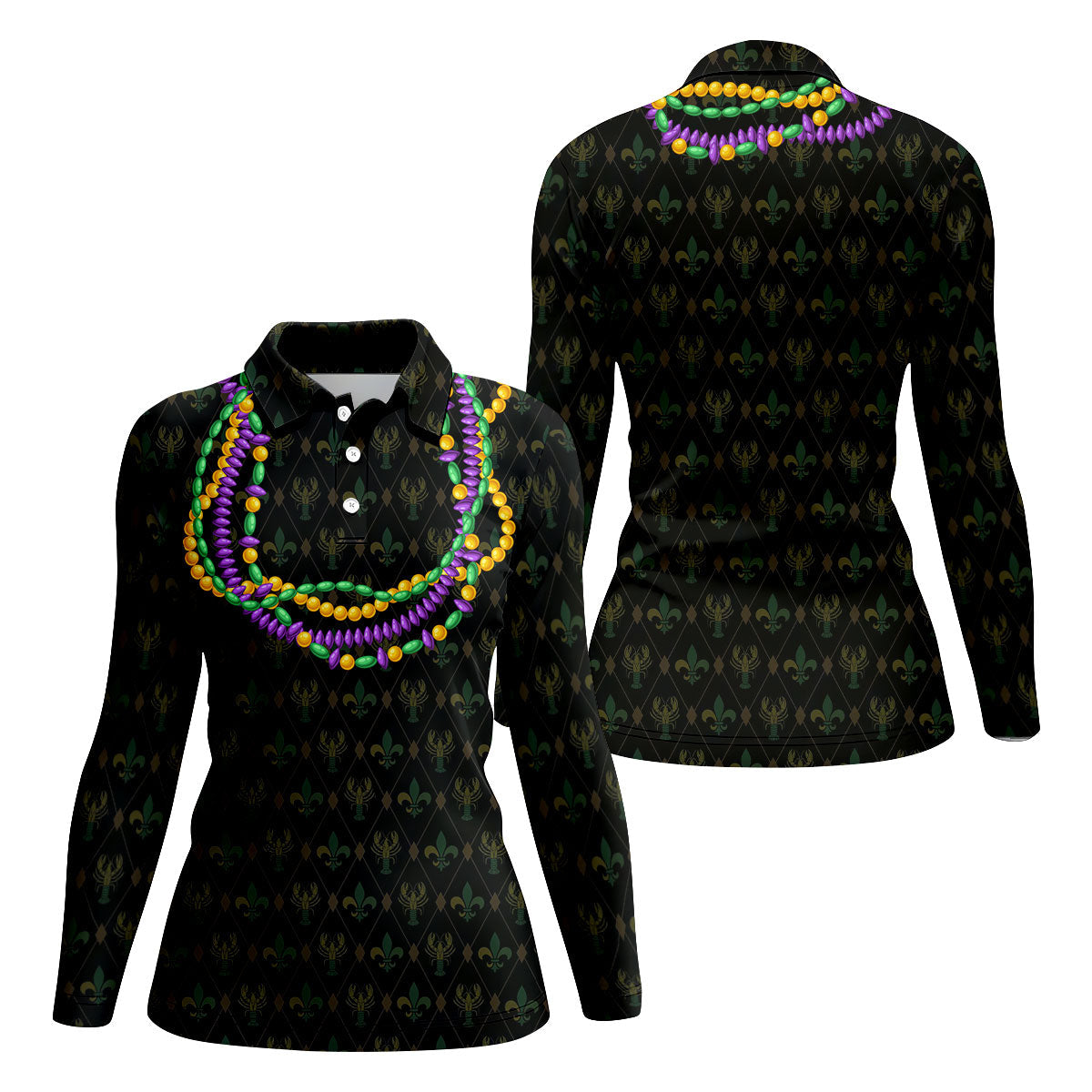 Mardi Gras Beads Chain Crawfish Fleur De Lis Black Golf Shirt, Women's Golf Tops, Ladies Golf Polos