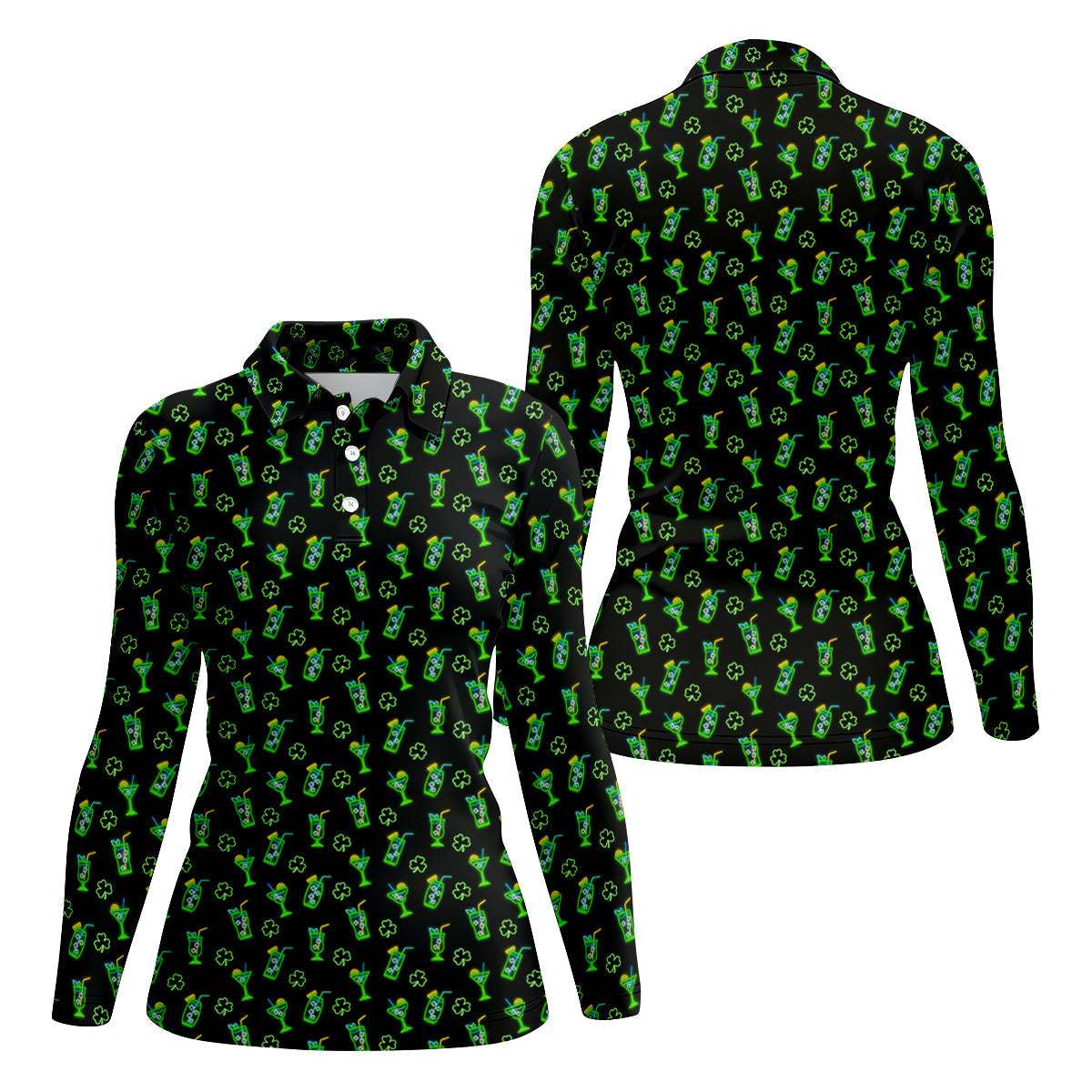 Neon Green Cocktails Three Leaf Clover St Patrick's Day Golf Shirt, Women's Golf Tops, Ladies Golf Shirts